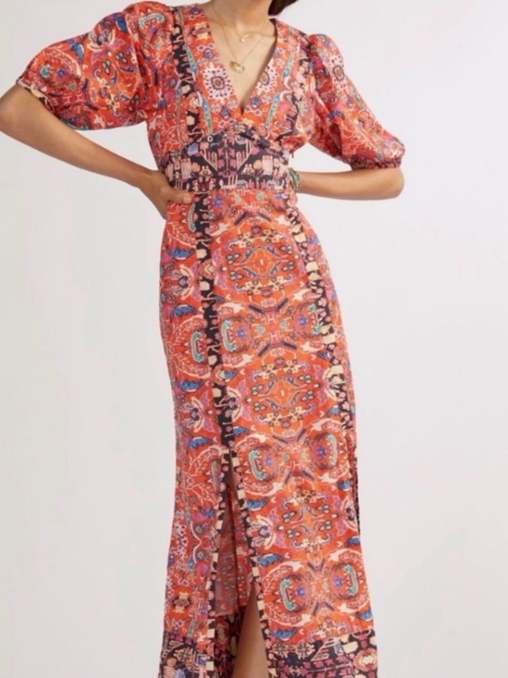 Anthropologie Coral-Orange Printed V-Neck Maxi Dress